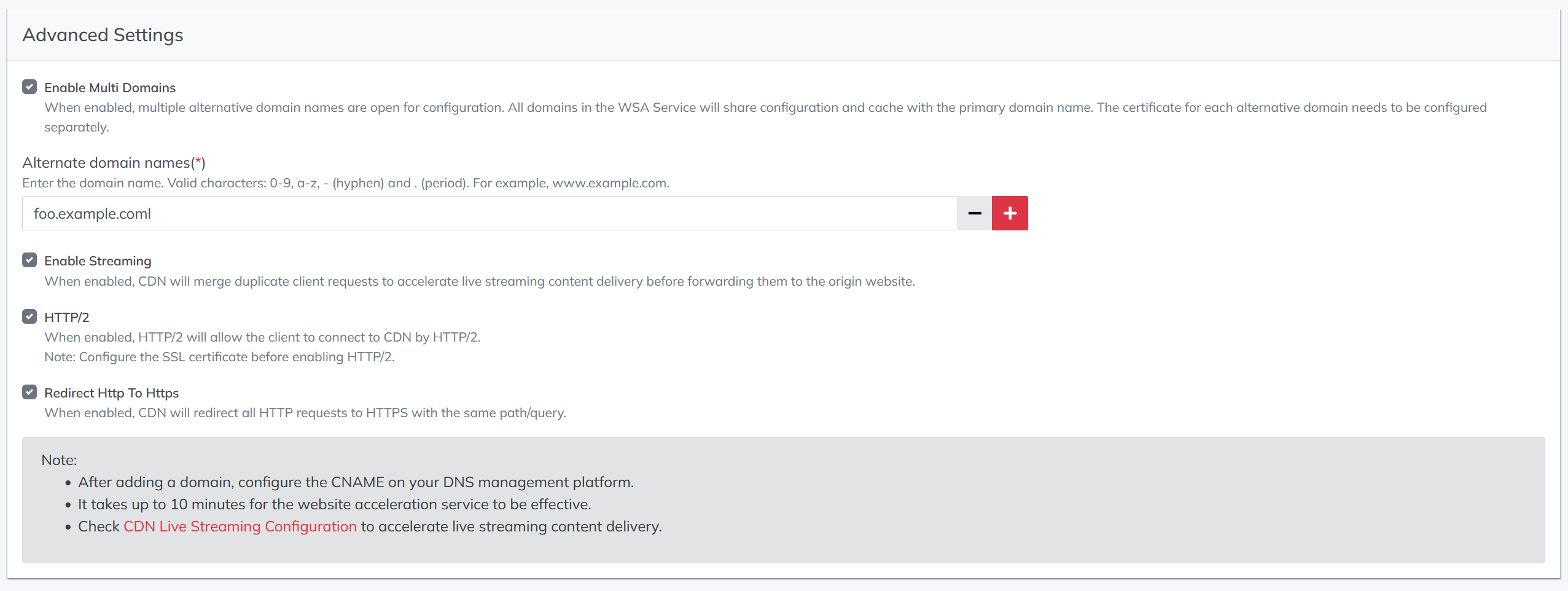 add domain advanced settings